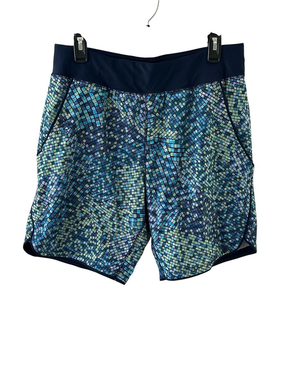 Lands End 9” Board Short Size 12 Blue Geometric Built In Brief